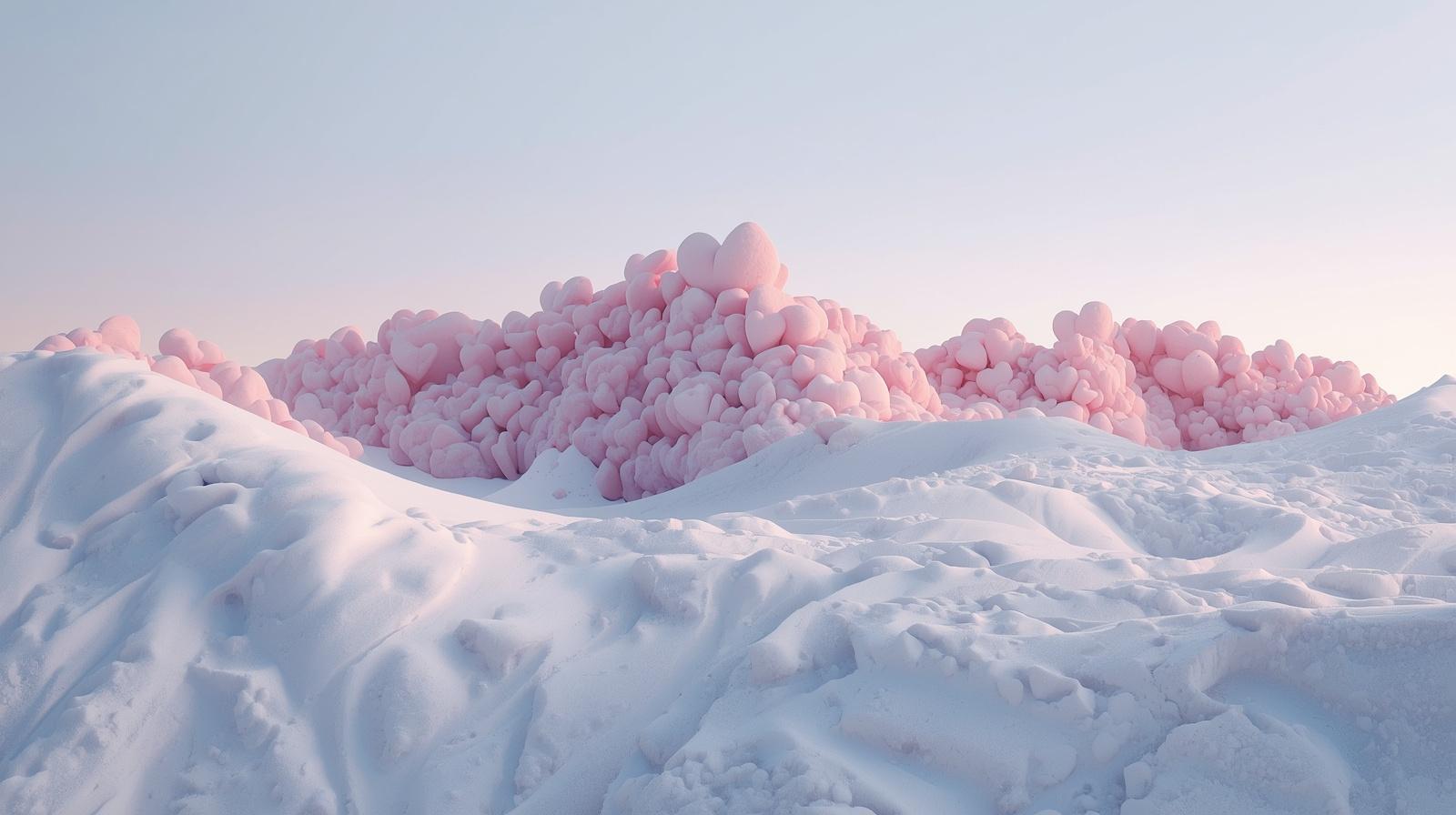 a mountain range made of hearts and soft snow, make the sky line take 50% of the top half of the image (1)