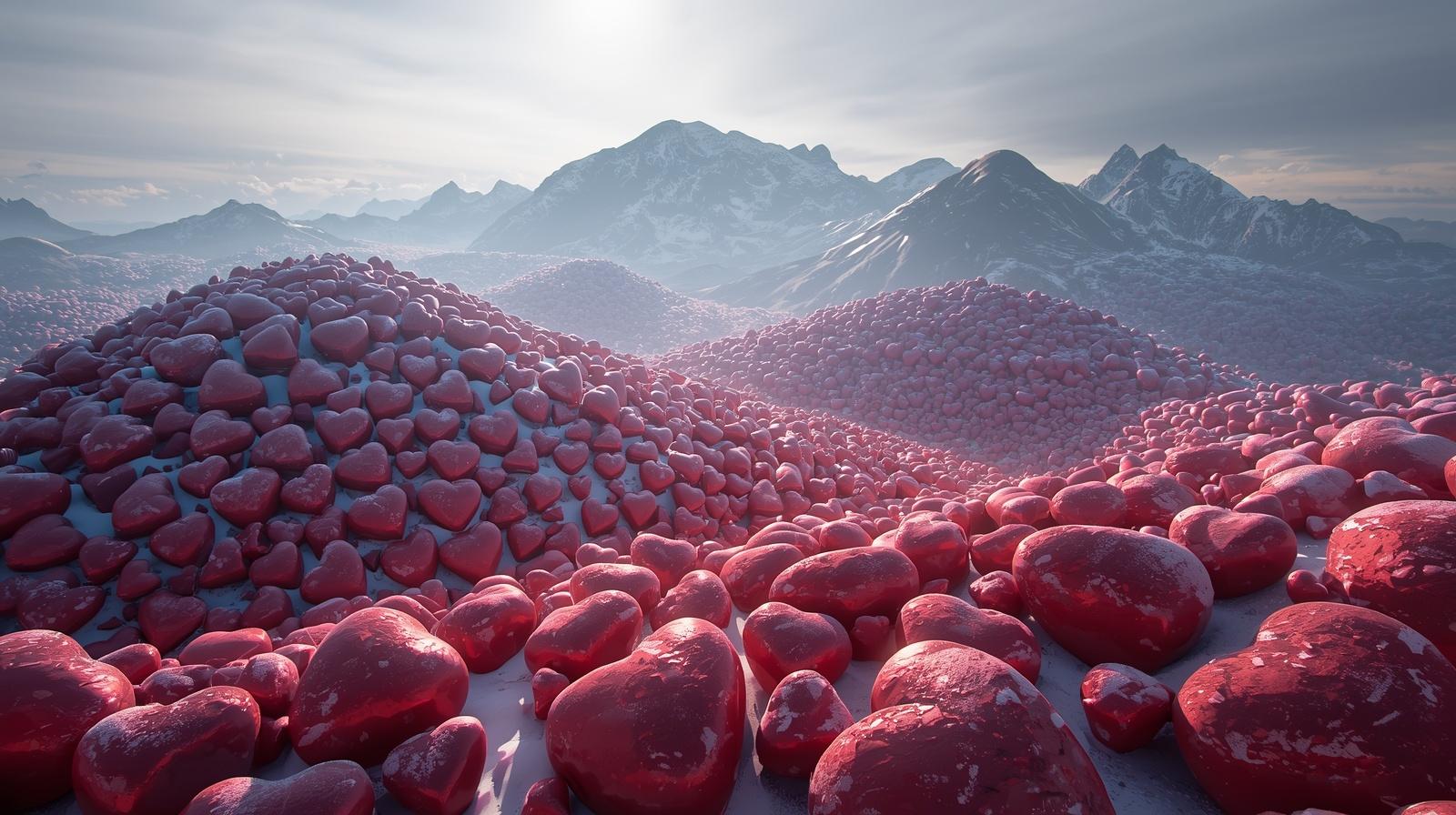 a mountain range made of red hearts and soft snow